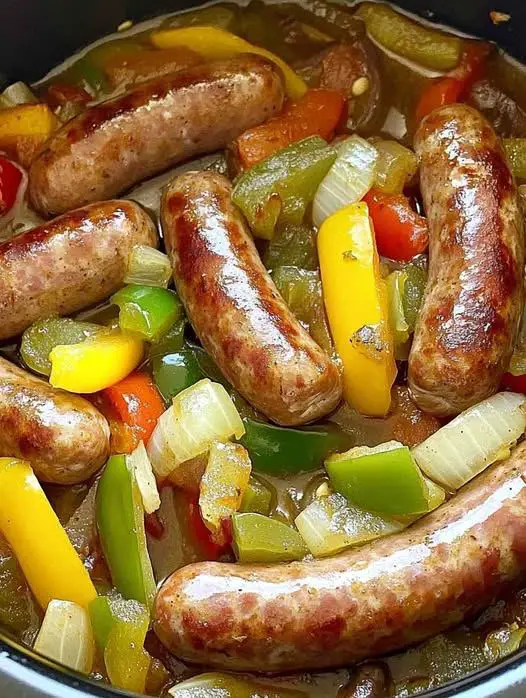 Slow Cooker Beer Bratwursts with Onions & Peppers Recipe