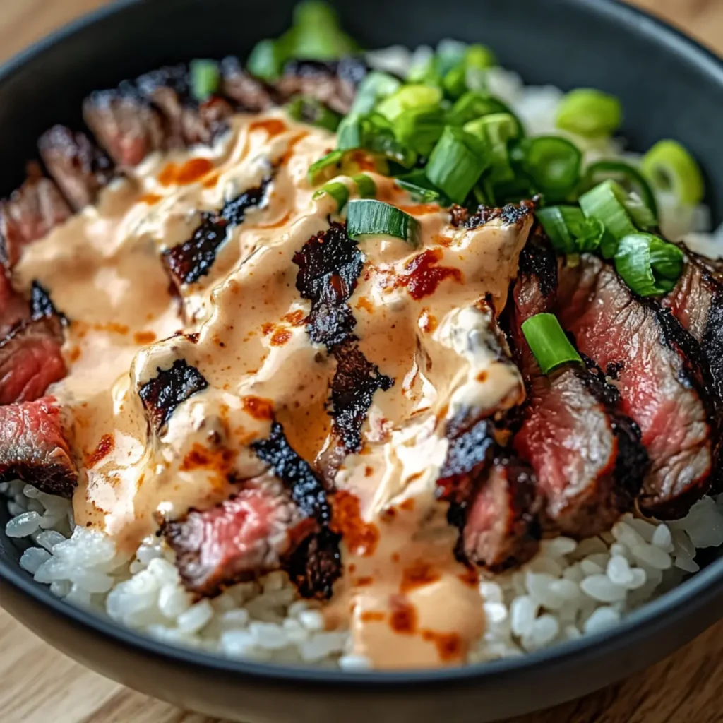 Korean BBQ Steak Rice Bowls with Spicy Cream Sauce