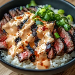 Korean BBQ Steak Rice Bowls with Spicy Cream Sauce