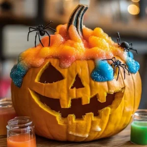 Colorful Pumpkin Volcano experiment with bubbling orange foam