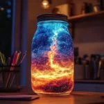 Space-themed lava lamp jars illuminating a room with vibrant colors