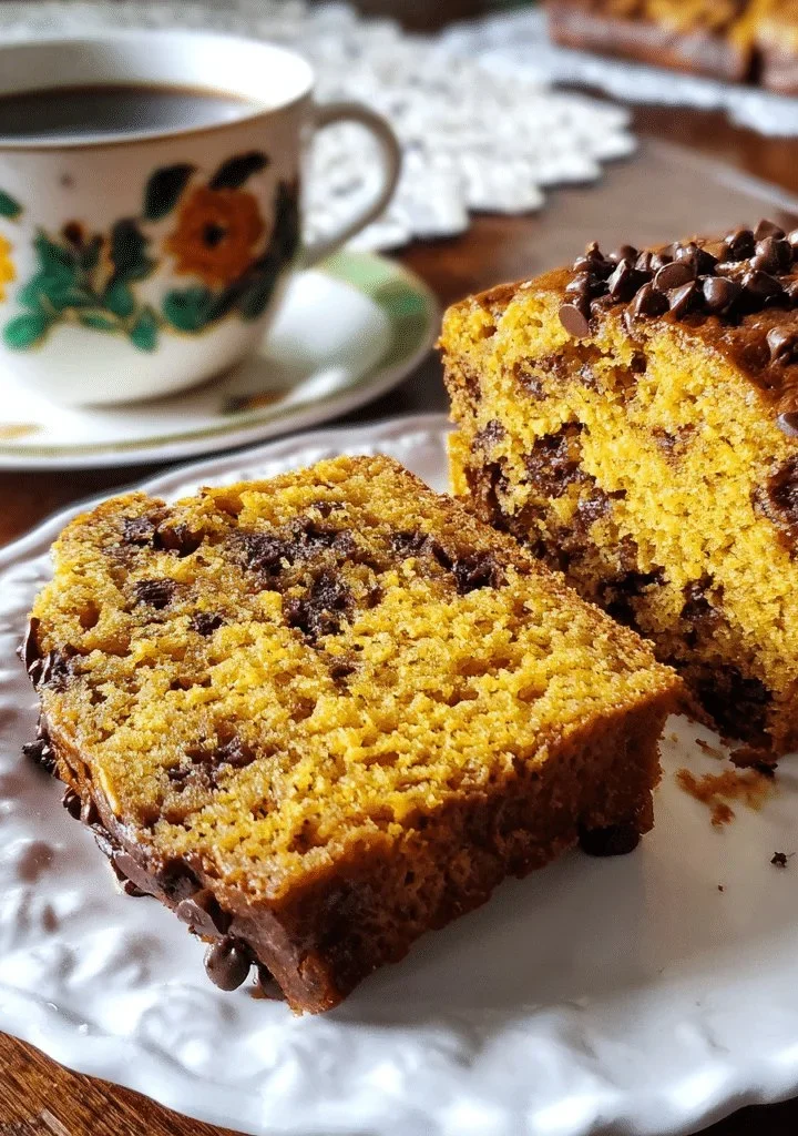 Moist pumpkin chocolate chip bread slice topped with chocolate chips and spices