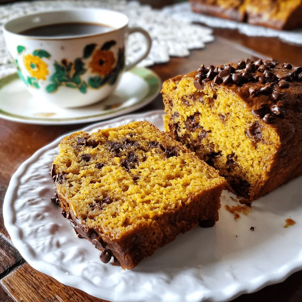 Moist pumpkin chocolate chip bread slice topped with chocolate chips and spices