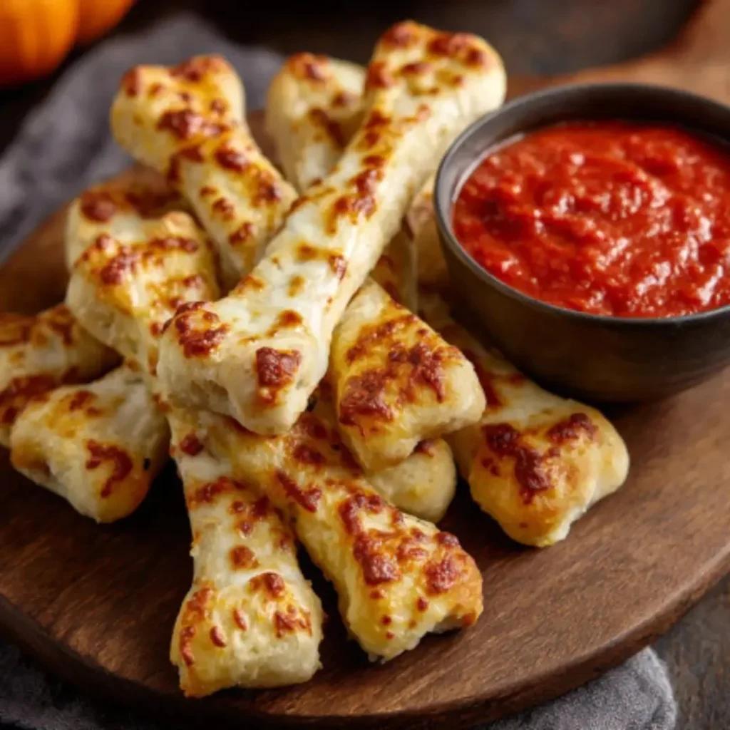 Cheesy Halloween breadstick bones, perfect for spooky celebrations.