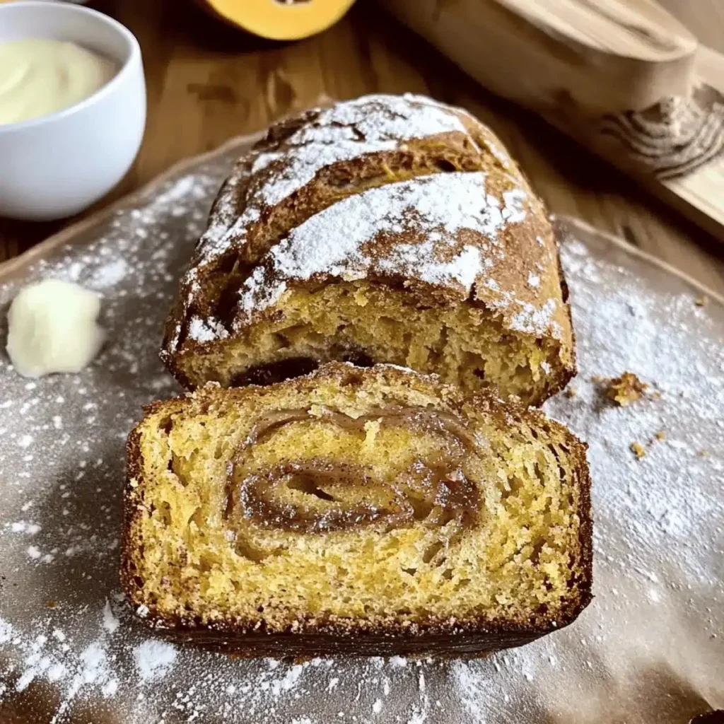 Cinnamon swirl pumpkin sourdough bread cooling on a rustic wooden table