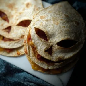 Creepy quesadilla decorated for Halloween with spooky shapes and colors.