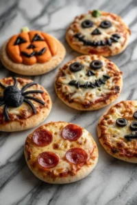 Mini Halloween pizzas decorated with spooky toppings