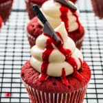 Halloween red velvet cupcakes with spooky decorations and cream cheese frosting