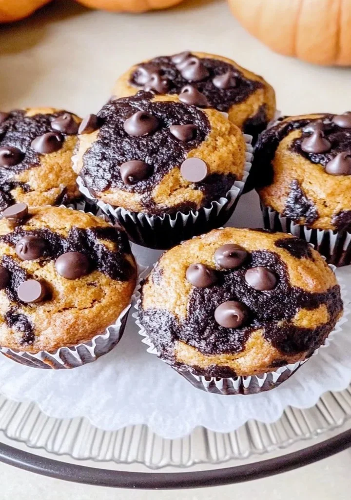 Healthier pumpkin chocolate chip marble muffins with chocolate swirls
