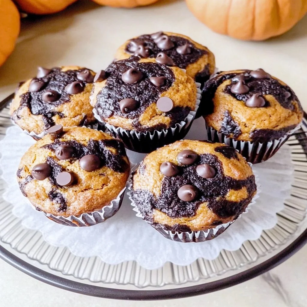 Healthier pumpkin chocolate chip marble muffins with chocolate swirls