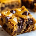 Delicious homemade pumpkin chocolate chip bars on a wooden table.