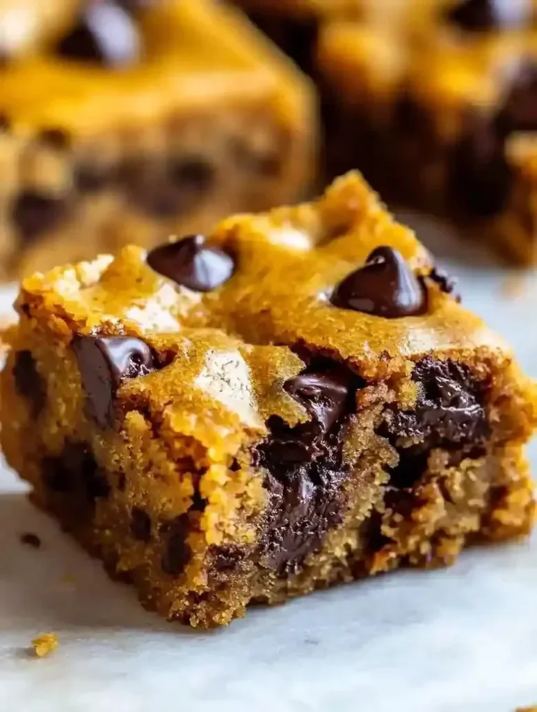 Delicious homemade pumpkin chocolate chip bars on a wooden table.