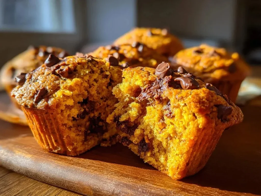 Freshly baked pumpkin chocolate chip muffins on a kitchen counter