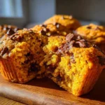 Freshly baked pumpkin chocolate chip muffins on a kitchen counter