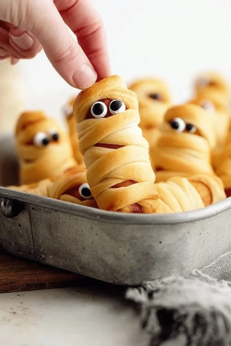 Mummy Pigs in a Blanket recipe with spooky wrapping for Halloween parties