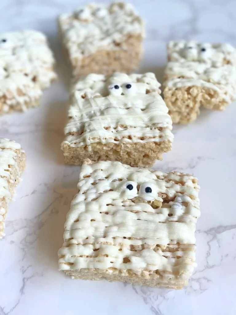 Mummy Rice Krispie Treats decorated for Halloween