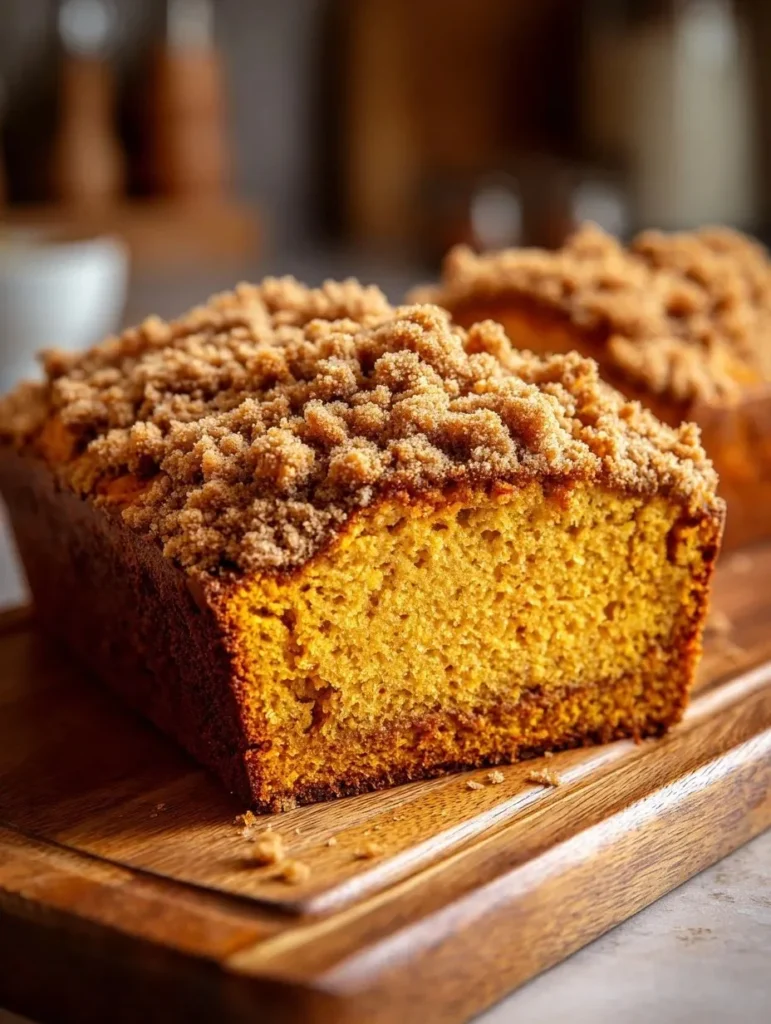 Perfectly baked pumpkin streusel bread with a crumbly topping