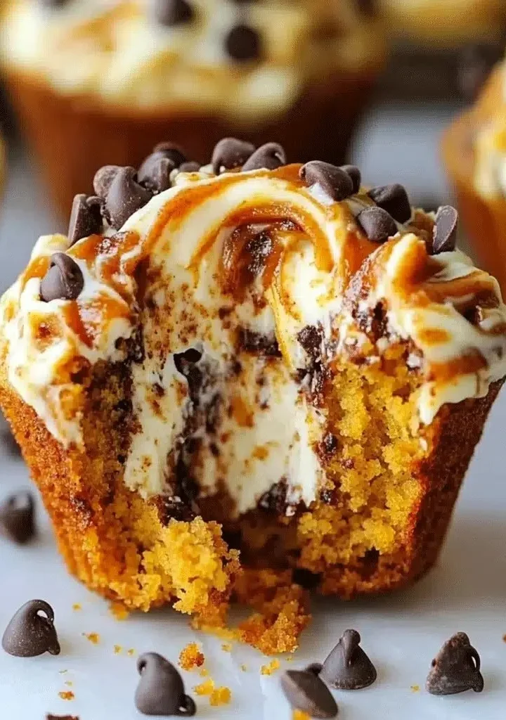 Delicious pumpkin chocolate chip muffins with cream cheese filling
