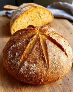 Freshly baked pumpkin sourdough bread on a rustic table