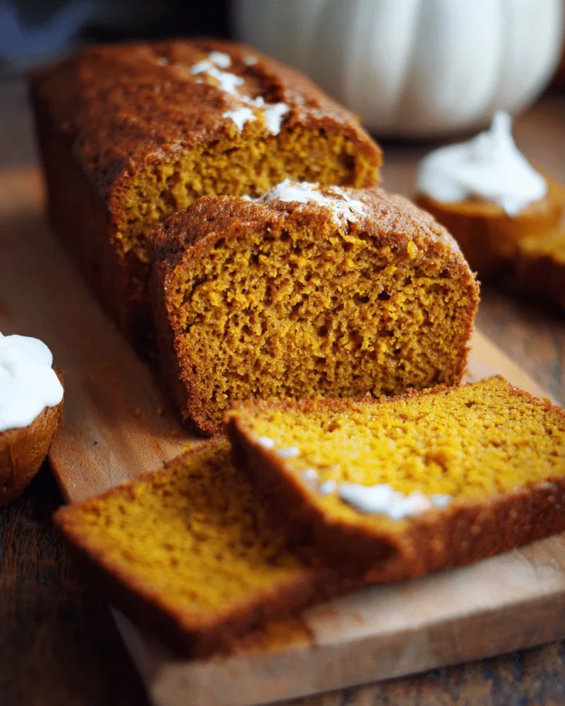Freshly baked pumpkin spice bread with autumn spices on a wooden table.