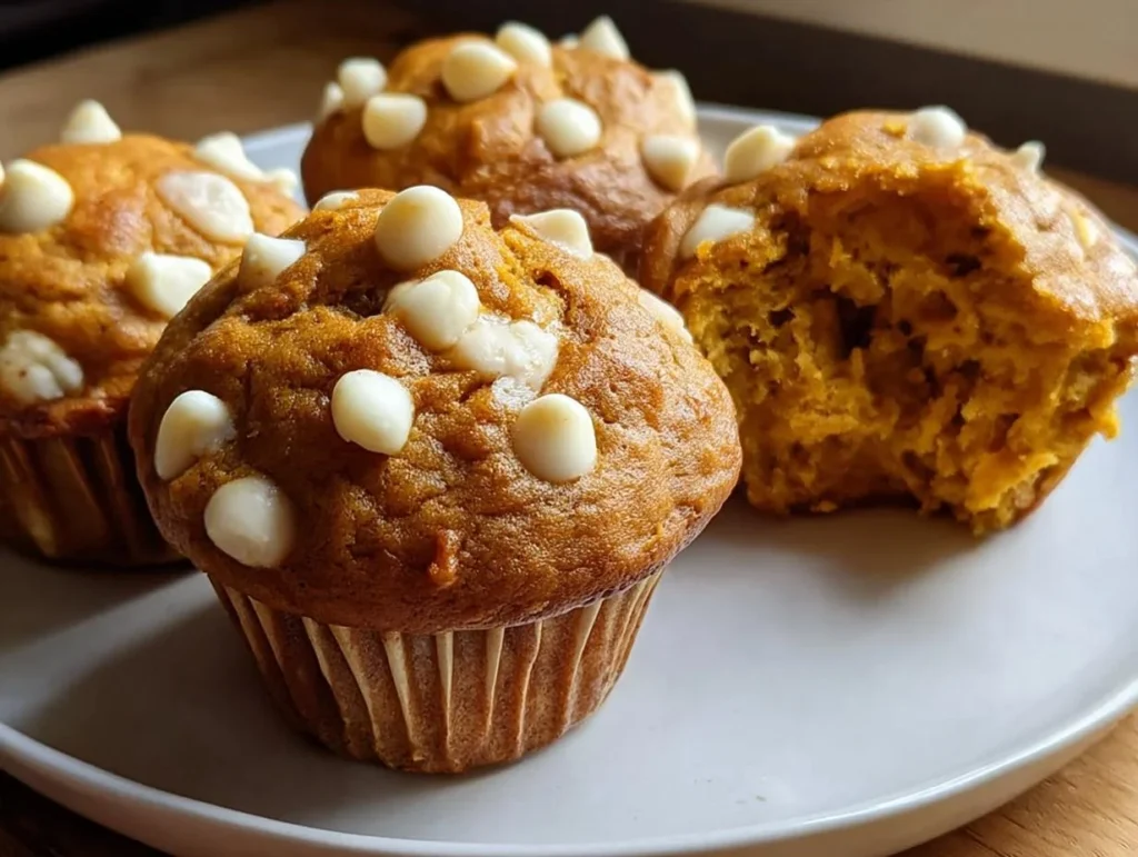 Delicious pumpkin muffins with white chocolate chips on a rustic wooden table.