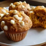 Delicious pumpkin muffins with white chocolate chips on a rustic wooden table.