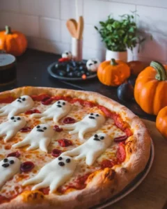 Spooky Ghost Halloween Pizza recipe for busy moms, featuring ghost-shaped toppings.