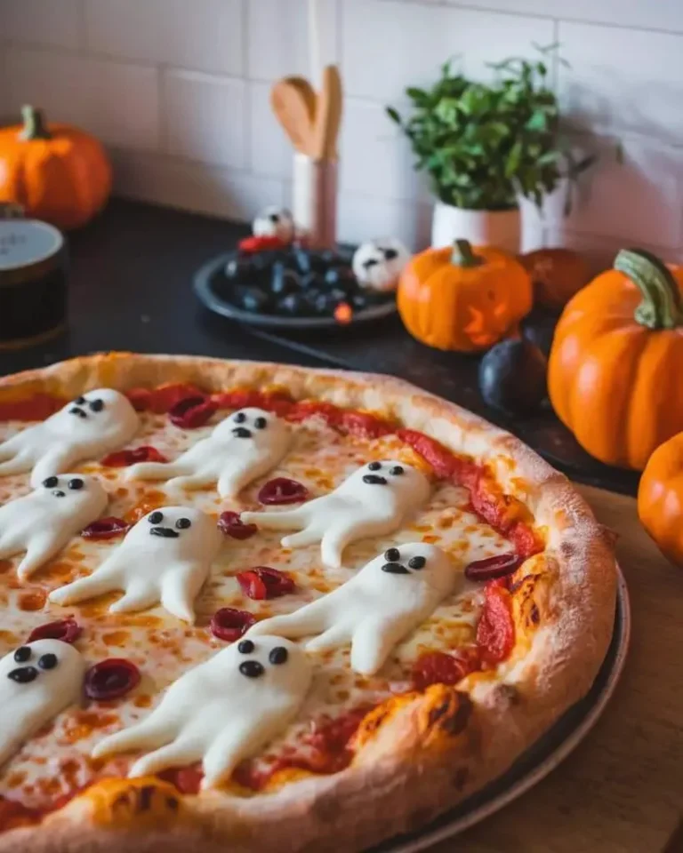 Spooky Ghost Halloween Pizza recipe for busy moms, featuring ghost-shaped toppings.
