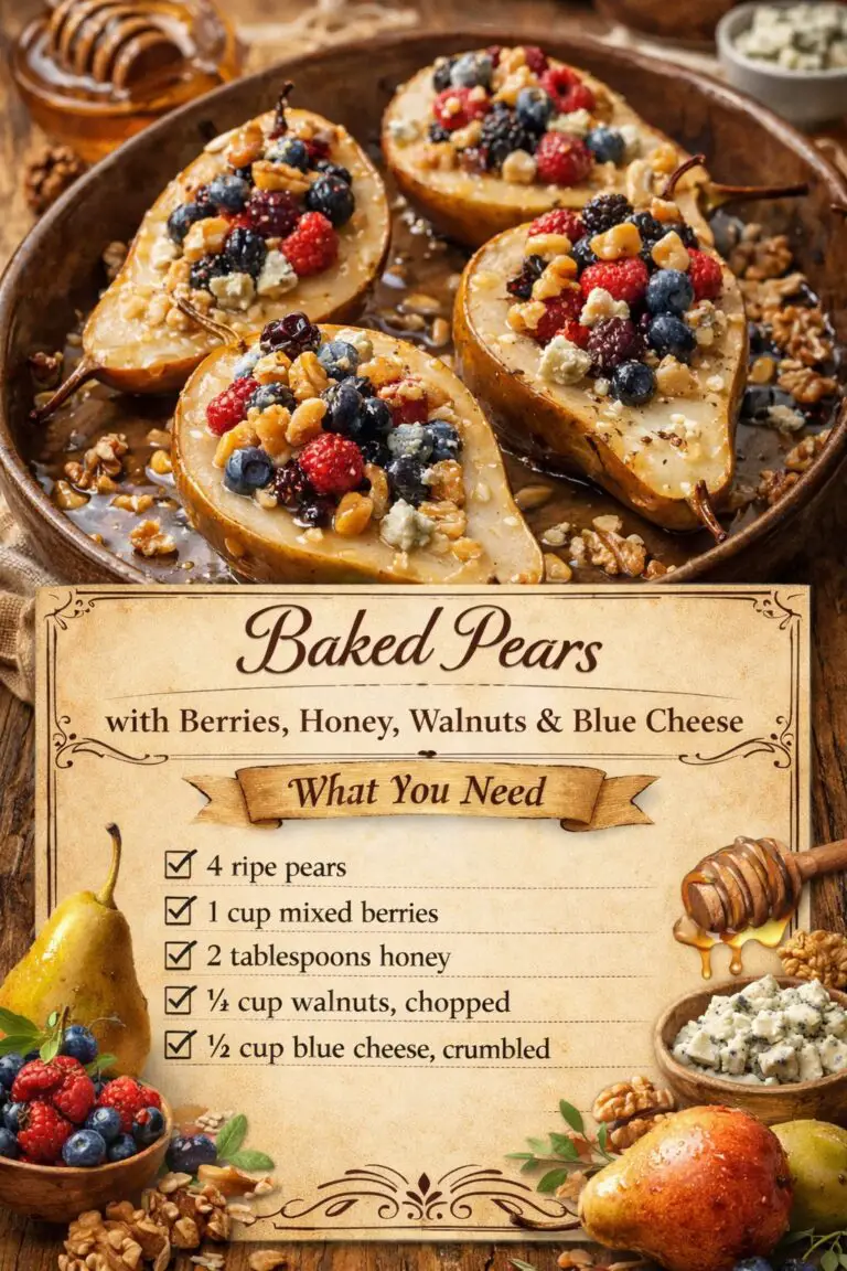 Baked Pears with Berries, Honey, Walnuts & Blue Cheese