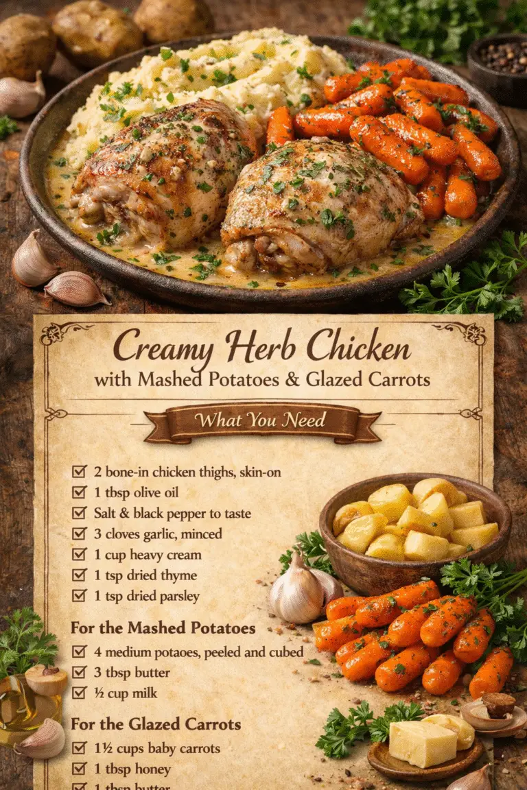 Creamy Herb Chicken with Mashed Potatoes & Glazed Carrots