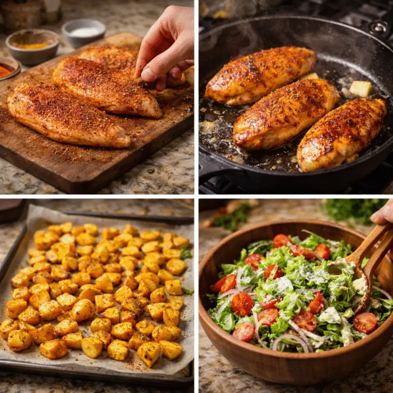 Golden Seared Chicken Plate with Crispy Potatoes & Creamy Salad