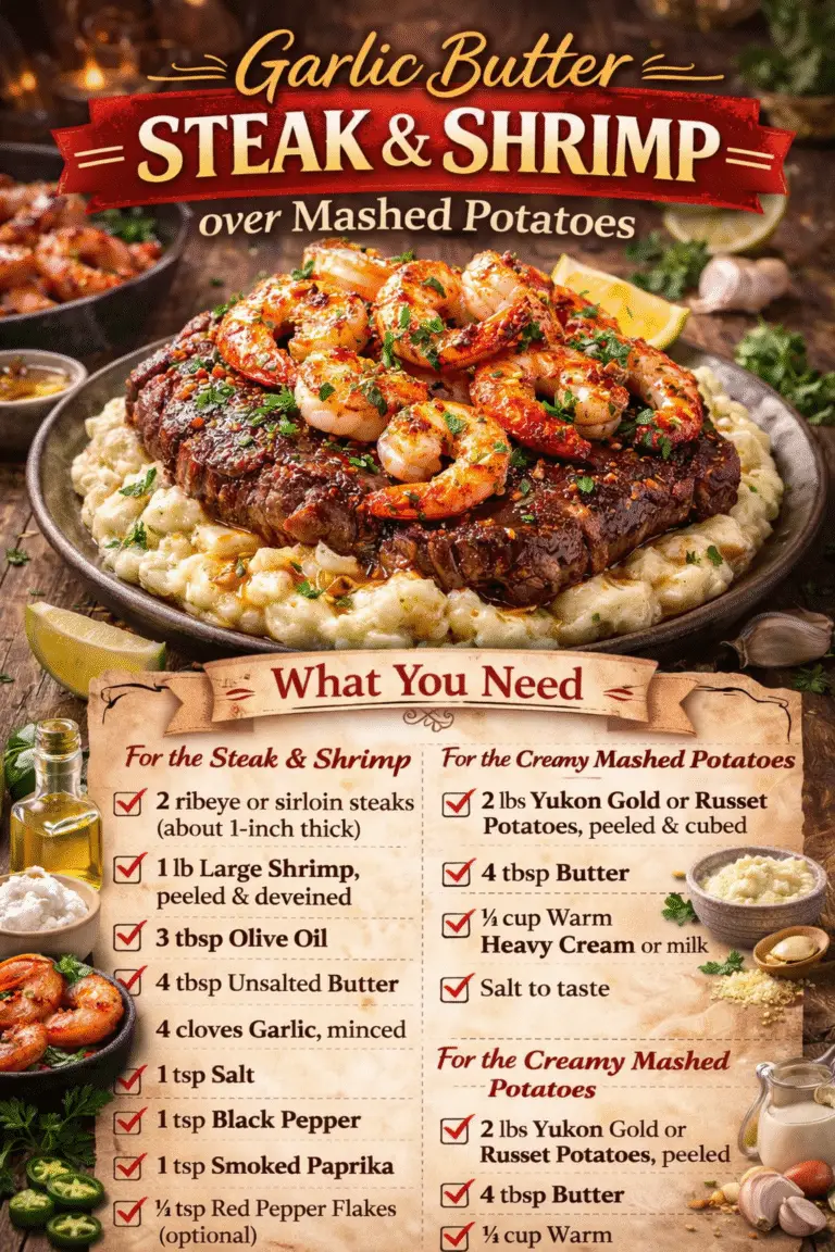 Garlic Butter Steak & Shrimp over Mashed Potatoes