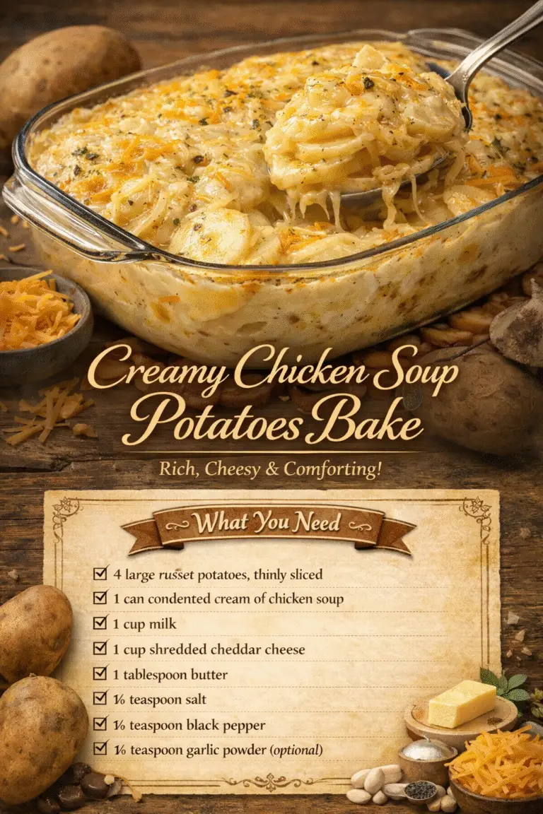 Creamy Chicken Soup Potatoes Bake – Easy Comforting Cheesy Potato Casserole