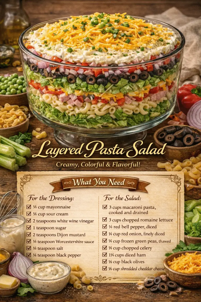 Layered Pasta Salad – Colorful Make-Ahead Summer Potluck Favorite