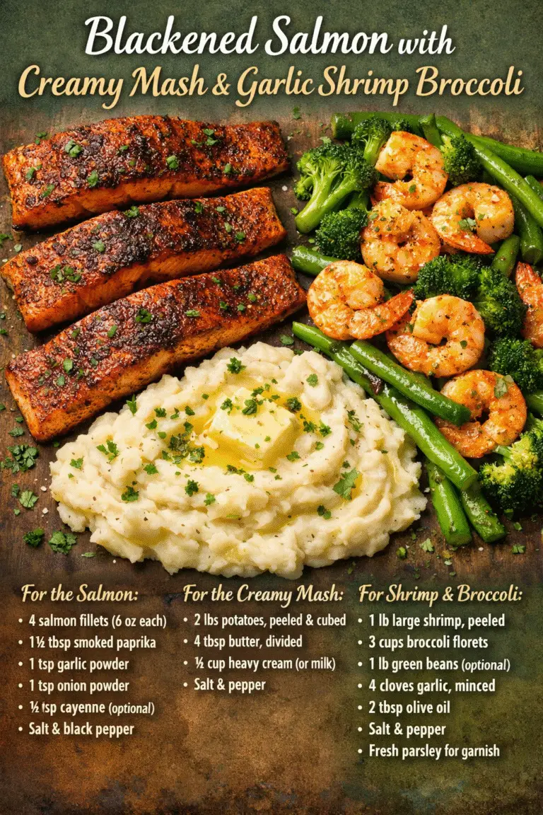 Blackened Salmon with Creamy Mash & Garlic Shrimp Broccoli – Ultimate Comfort Seafood Dinner