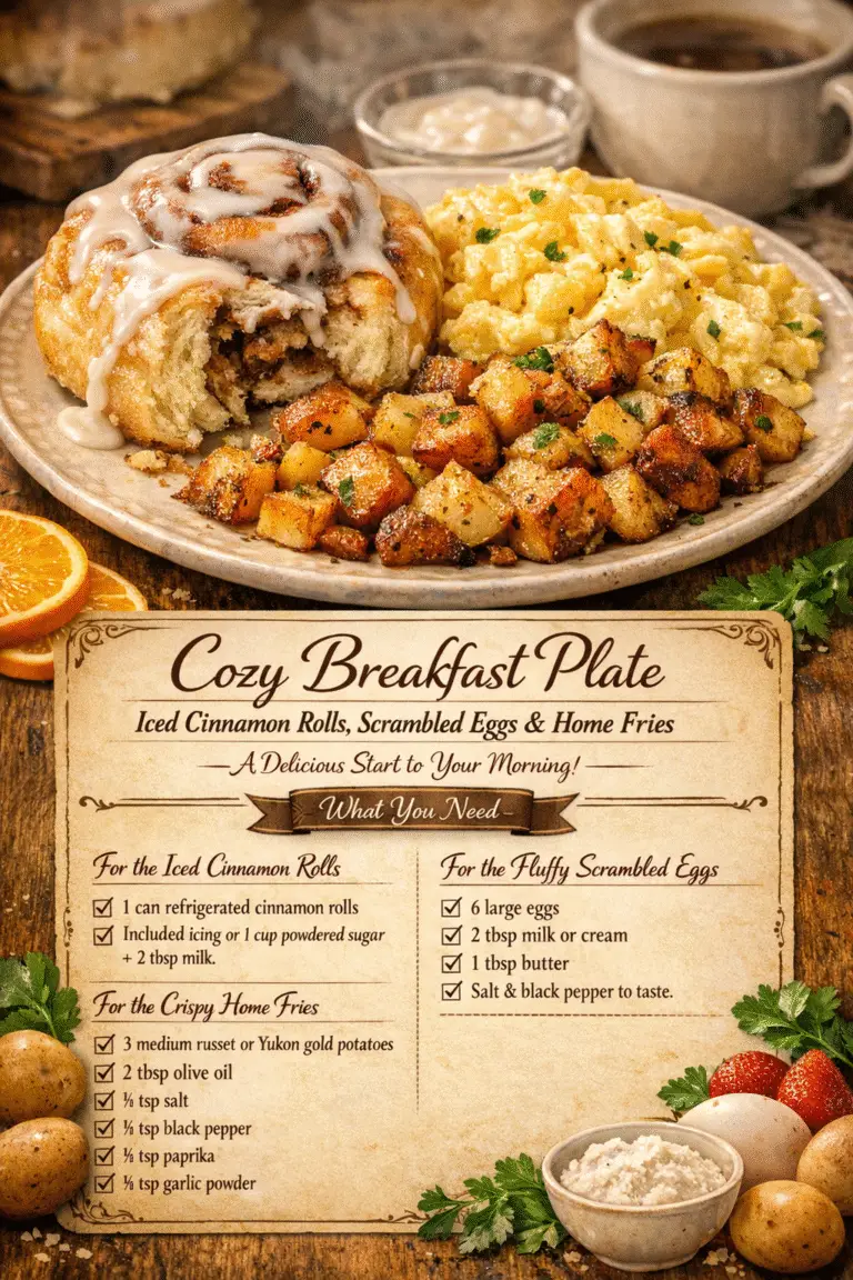Cozy Breakfast Plate: Iced Cinnamon Rolls, Scrambled Eggs & Home Fries