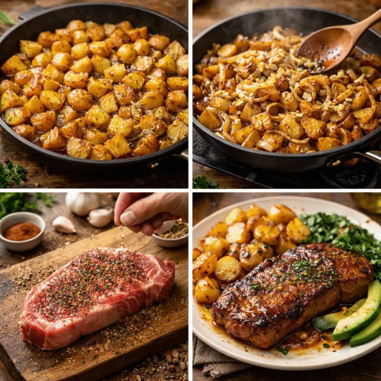 Pan-Seared Steak with Potatoes and Onions – Ultimate Juicy Steakhouse Dinner