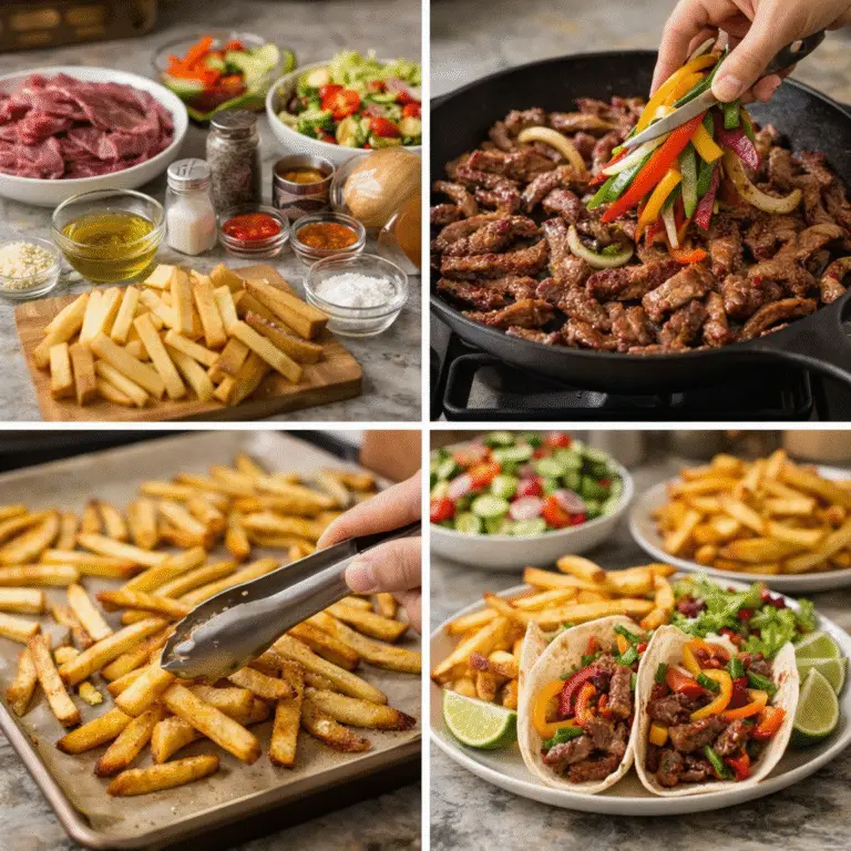 Steak Fajitas with French Fries & Tomato Cucumber Salad – Ultimate Comfort Food Dinner